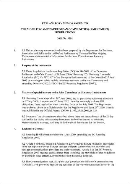Impact Assessment to The Mobile Roaming (European Communities) (Amendment) Regulations 2009 (revoked)