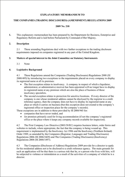 THE COMPANIES (TRADING DISCLOSURES) (AMENDMENT) REGULATIONS 2009