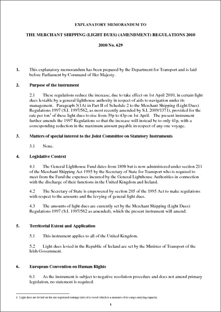 Impact Assessment to The Merchant Shipping (Light Dues) (Amendment) Regulations 2010