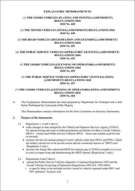 Impact Assessment to The Public Service Vehicles (Operators’ Licences) (Amendment) Regulations 2010