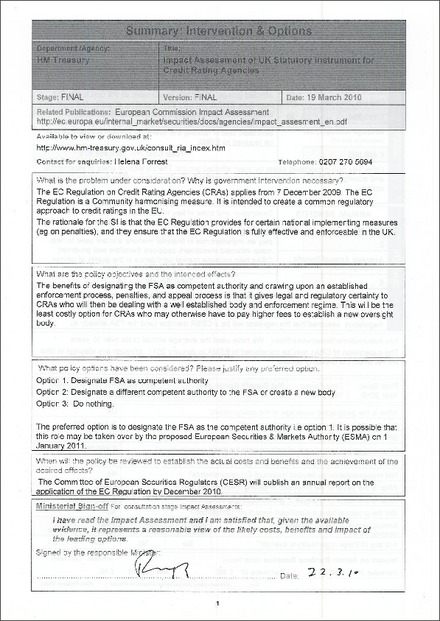 Impact Assessment to The Credit Rating Agencies Regulations 2010