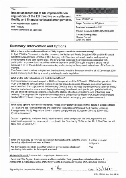 Impact Assessment to The Financial Markets and Insolvency (Settlement Finality and Financial Collateral Arrangements) (Amendment) Regulations 2010