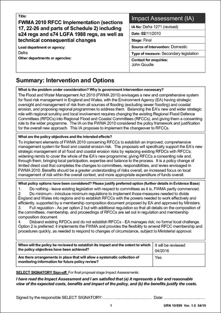 Impact Assessment to The Regional Flood and Coastal Committees (England and Wales) Regulations 2011