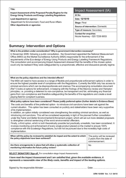 Impact Assessment to The Energy Information Regulations 2011