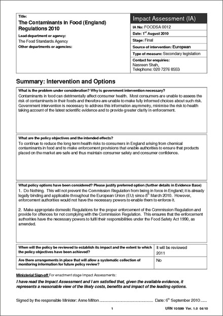Impact Assessment to The Contaminants in Food (England) Regulations 2010 (revoked)