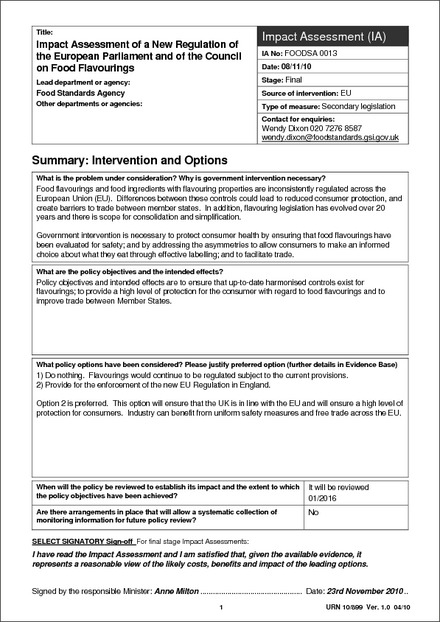 Impact Assessment to The Flavourings in Food (England) Regulations 2010