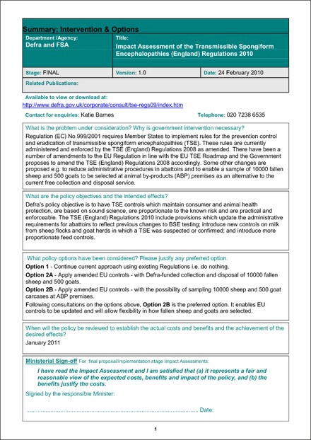 Impact Assessment to The Transmissible Spongiform Encephalopathies (England) Regulations 2010 (revoked)