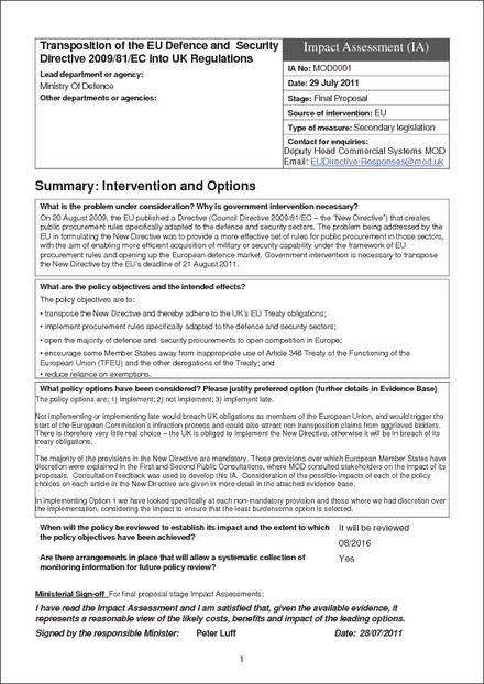 Transposition of the EU Defence and Security Directive 2009/81/EC into UK
    Regulations