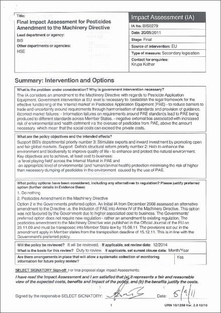 Impact Assessment to The Supply of Machinery (Safety) (Amendment) Regulations 2011