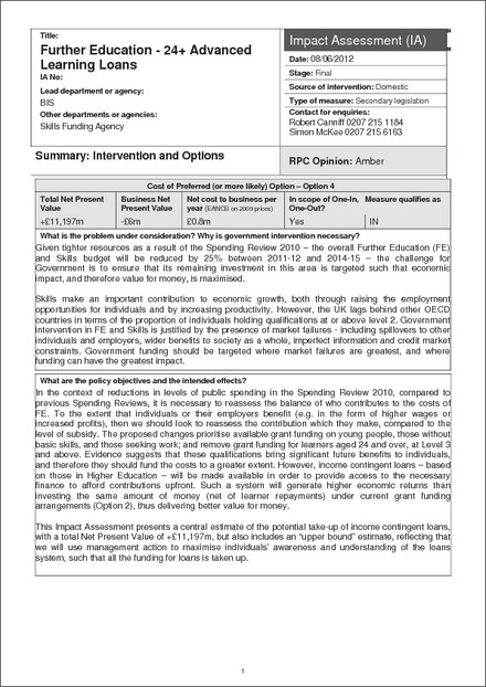 Impact Assessment to The Further Education Loans Regulations 2012