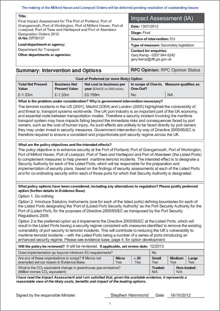 Impact Assessment to The Port Security (Port of Portland) Designation Order 2012