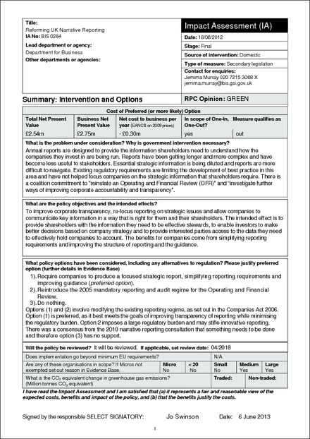 Impact Assessment to The Companies Act 2006 (Strategic Report and Directors’ Report) Regulations 2013