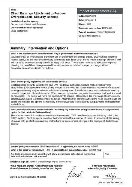 Impact Assessment to The Social Security (Overpayments and Recovery) Regulations 2013