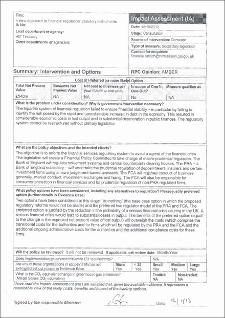 Impact Assessment to The Financial Services Act 2012 (Consequential Amendments and Transitional Provisions) Order 2013