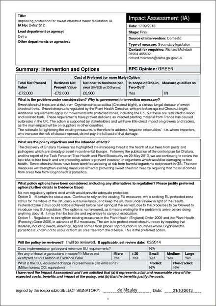 Impact Assessment to The Plant Health (England) (Amendment) (No.3) Order 2013 (revoked)
