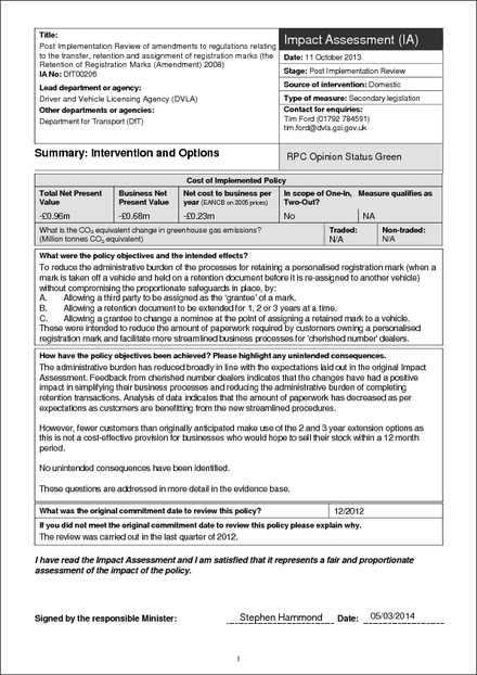 Impact Assessment to The Retention of Registration Marks (Amendment) Regulations 2008