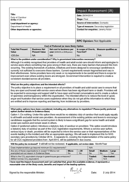 Impact Assessment to The Health and Social Care Act 2008 (Regulated Activities) Regulations 2014