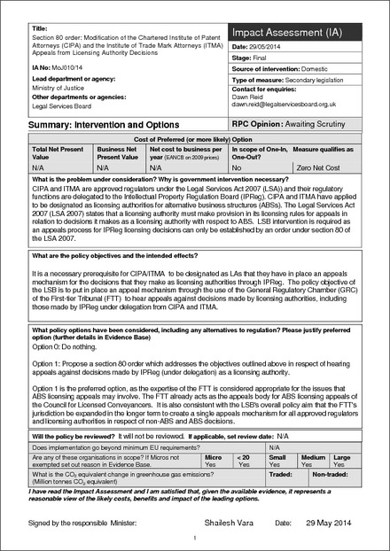 Impact Assessment to The Legal Services Act 2007 (Appeals from Licensing Authority Decisions) (Chartered Institute of Patent Attorneys and Institute of Trade Mark Attorneys) Order 2014