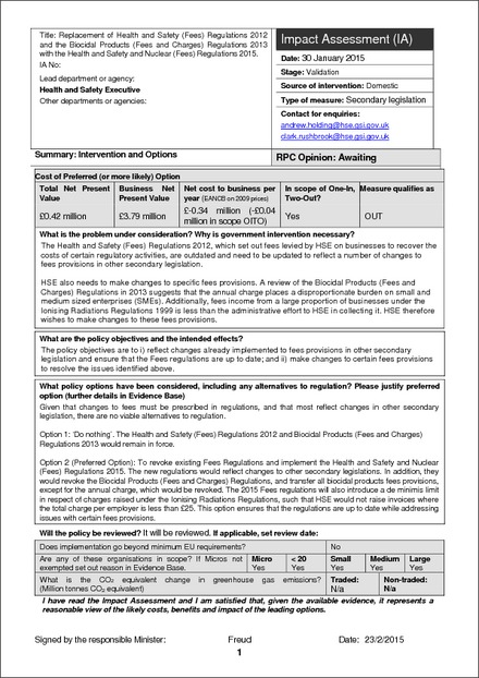 Impact Assessment to The Health and Safety and Nuclear (Fees) Regulations 2015 (revoked)