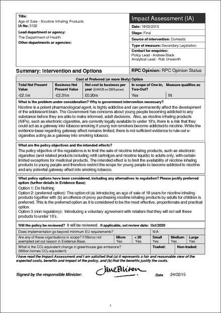 Impact Assessment to The Nicotine Inhaling Products (Age of Sale and Proxy Purchasing) Regulations 2015