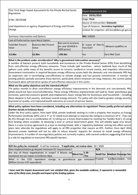 Impact Assessment to The Energy Efficiency (Domestic Private Rented Property) Order 2015