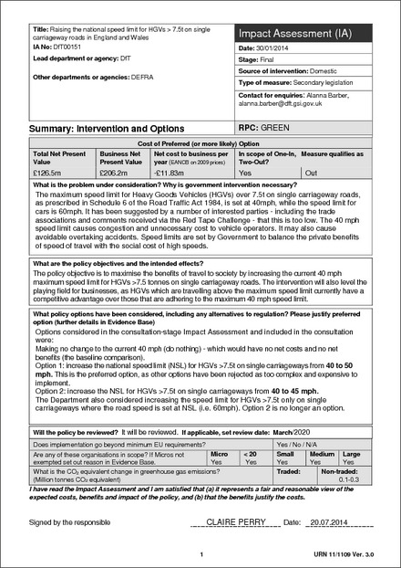 Impact Assessment to The Motor Vehicles (Variation of Speed Limits) (England and Wales) Regulations 2014