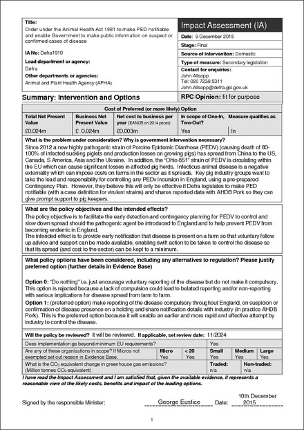 Impact Assessment to The Specified Diseases (Notification) (Amendment) (England) Order 2015