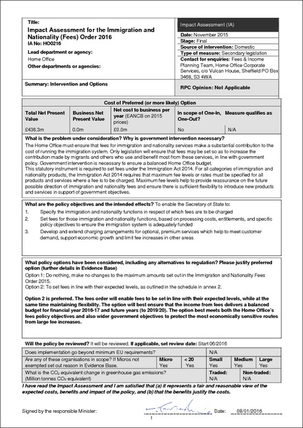 Impact Assessment to The Immigration and Nationality (Fees) Order 2016