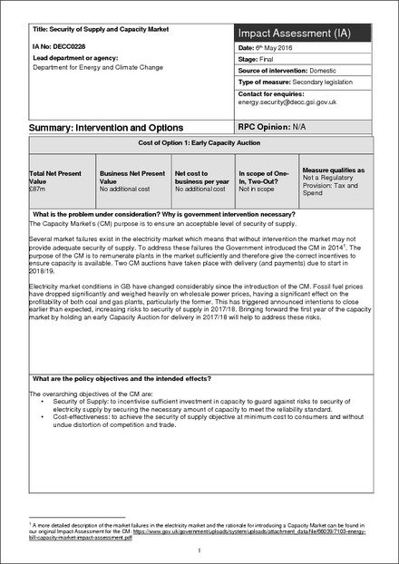 Impact Assessment to The Electricity Capacity (Amendment) Regulations 2016