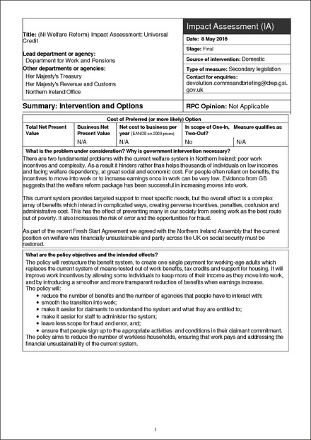 Impact Assessment to The Universal Credit Housing Costs (Executive Determinations) Regulations (Northern Ireland) 2016