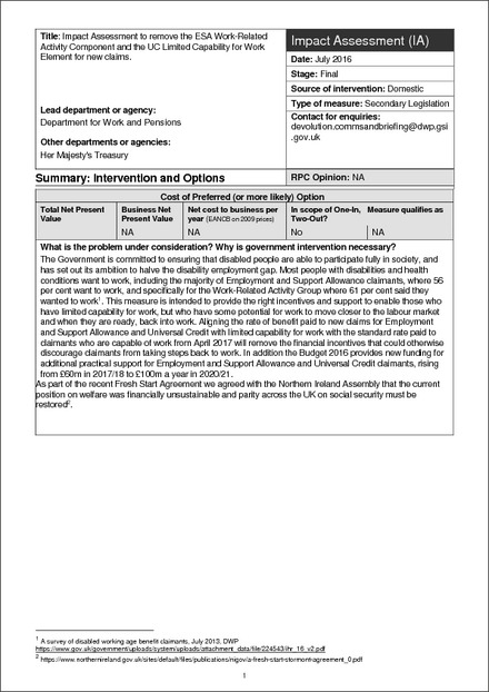 Impact Assessment to The Welfare Reform and Work (Northern Ireland) Order 2016