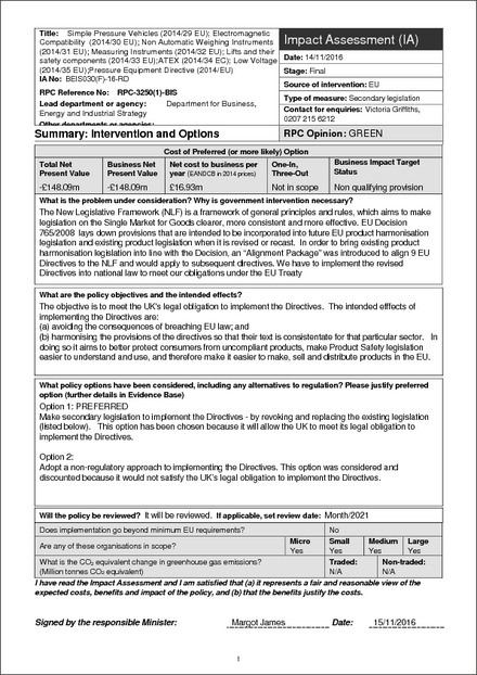 Impact Assessment to The Electromagnetic Compatibility Regulations 2016