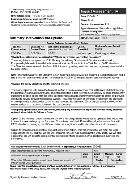 Impact Assessment to The Money Laundering, Terrorist Financing and Transfer of Funds (Information on the Payer) Regulations 2017