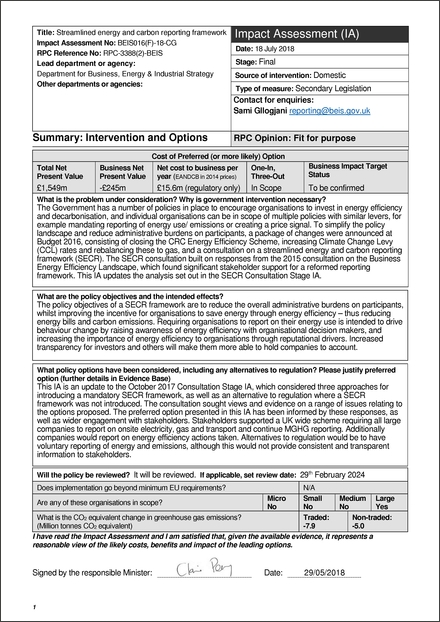 Impact Assessment to The Companies (Directors’ Report) and Limited Liability Partnerships (Energy and Carbon Report) Regulations 2018