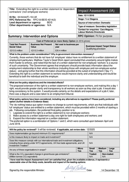 Impact Assessment to The Employment Rights (Employment Particulars and Paid Annual Leave) (Amendment) Regulations 2018