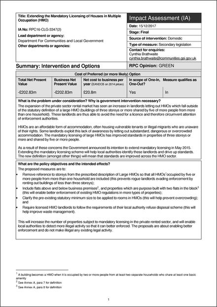 Impact Assessment to The Licensing of Houses in Multiple Occupation (Prescribed Description) (England) Order 2018