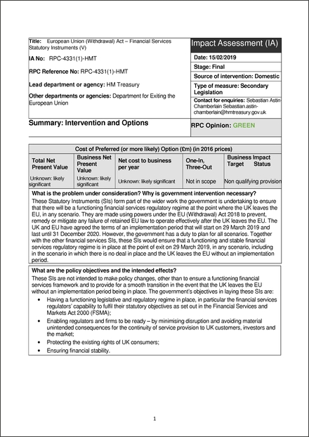 Impact Assessment to The Securitisation (Amendment) (EU Exit) Regulations 2019 (revoked)