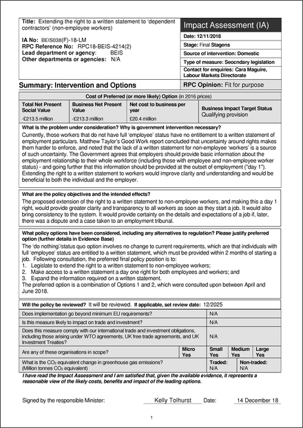 Impact Assessment to The Employment Rights (Miscellaneous Amendments) Regulations 2019