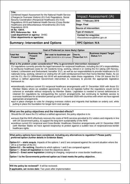 Impact Assessment to The National Health Service (Cross-Border Healthcare and Miscellaneous Amendments etc.) (EU Exit) Regulations 2019