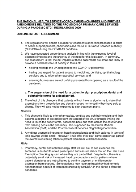 Impact Assessment to The National Health Service (Coronavirus) (Charges and Further Amendments Relating to the Provision of Primary Care Services During a Pandemic etc.) Regulations 2020