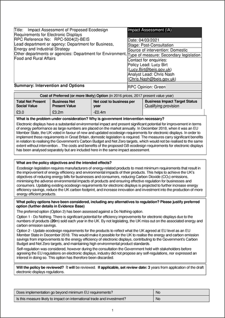 Impact Assessment to The Ecodesign for Energy-Related Products and Energy Information Regulations 2021