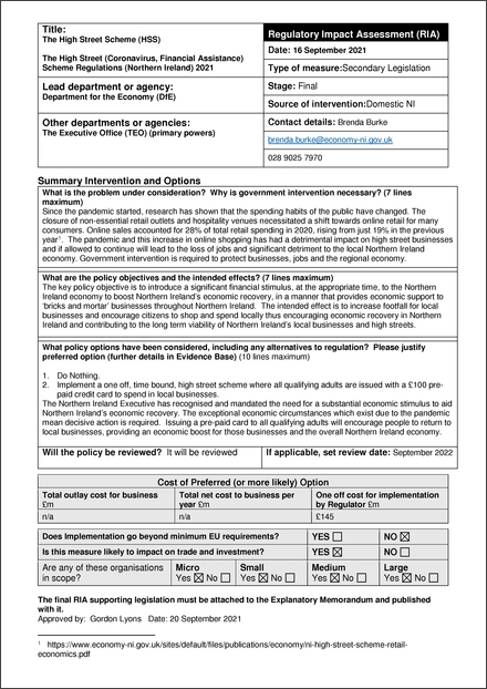 Impact Assessment to The High Street (Coronavirus, Financial Assistance) Scheme Regulations (Northern Ireland) 2021