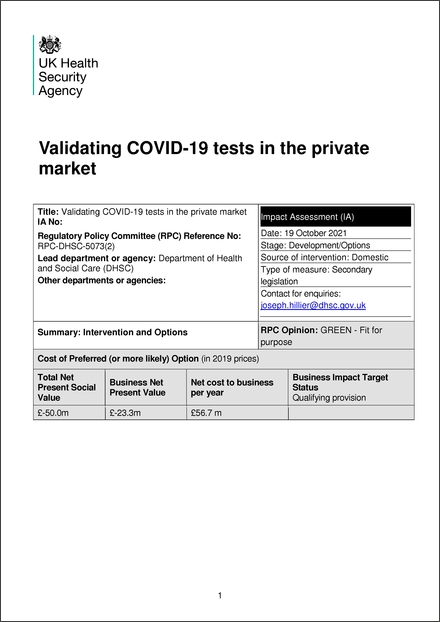 Impact Assessment to The Medical Devices (Coronavirus Test Device Approvals) (Amendment) Regulations 2021