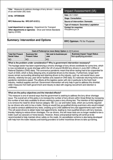 Impact Assessment to The Motor Vehicles (Driving Licences) (Amendment) (No. 5) Regulations 2021