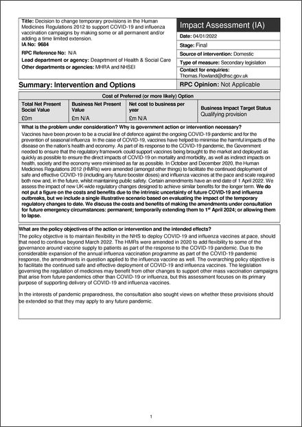 Impact Assessment to The Human Medicines (Coronavirus and Influenza) (Amendment) Regulations 2022