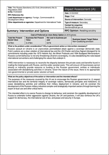 Impact Assessment to The Russia (Sanctions) (EU Exit) (Amendment) (No. 3) Regulations 2022