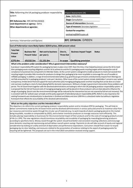 Impact Assessment to The Producer Responsibility Obligations (Packaging Waste) (Amendment) (England and Wales) Regulations 2022