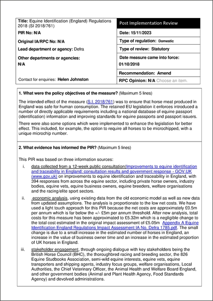 Impact Assessment to The Equine Identification (England) Regulations 2018