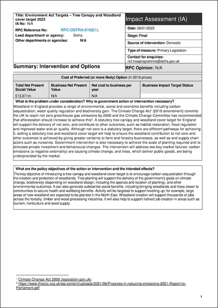 Impact Assessment to The Environmental Targets (Woodland and Trees Outside Woodland) (England) Regulations 2023