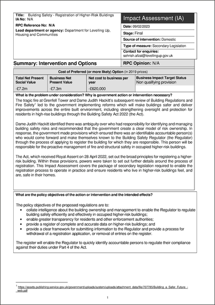 Impact Assessment to The Building Safety (Registration of Higher-Risk Buildings and Review of Decisions) (England) Regulations 2023